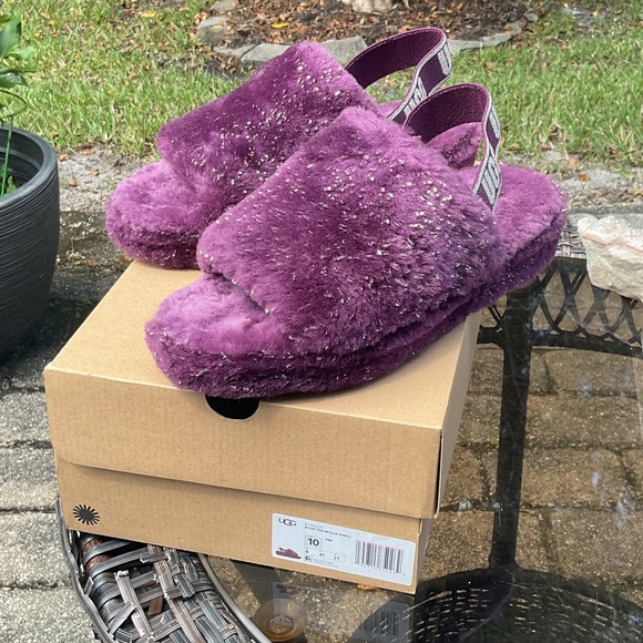 UGG Fluff Yeah Metallic Sparkle Purple Fluffy Slippers - Picture 1 of 7